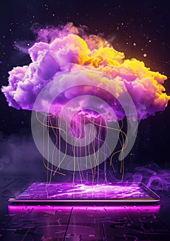 Futuristic Cloud Computing Concept with Neon Lights and Digital Elements in a Vibrant Night Sky