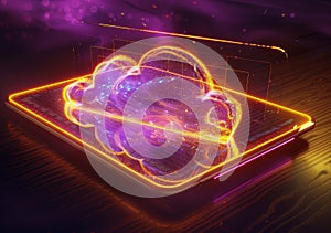 Futuristic Cloud Computing Concept with Neon Lights and Digital Interface on Tablet
