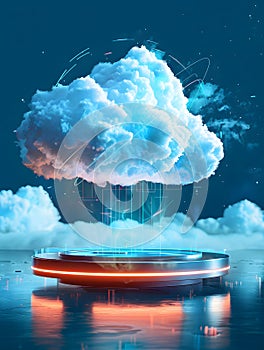 Futuristic Cloud Computing Concept: Neon Platform and Digital Cloud