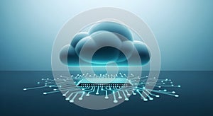 Futuristic Cloud Computing Concept: Secure Digital Data Storage and Processor Connectivity for Tech Businesses
