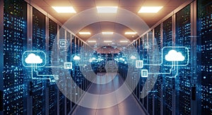 Futuristic Cloud Computing Data Center with AI, Cybersecurity, and Big Data Visualization Cloud Storage Artificial