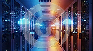 Futuristic Cloud Computing Data Center with AI, Cybersecurity, and Big Data Visualization Cloud Storage Artificial