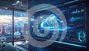 Futuristic Cloud Computing Data Center with Cityscape View