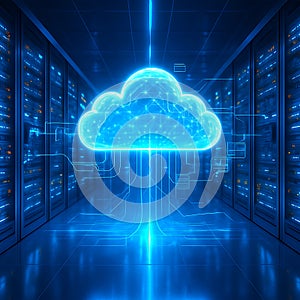 Futuristic Cloud Computing Data Center with Glowing Digital Network