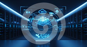 Futuristic Cloud Computing Data Center Visualization in Blue