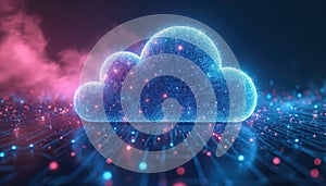 Futuristic cloud computing data processing tech concept. Digital cloud shape with circuit background, data streams, network