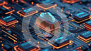 Futuristic cloud computing design with data flow on a circuit board
