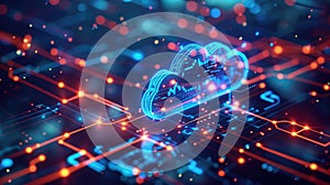 Futuristic cloud computing and digital data network glowing with vibrant lights.