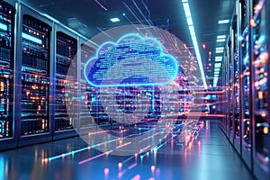 Futuristic cloud computing environment with vibrant data flow and server room backdrop, symbolizing digital innovation