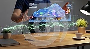 Futuristic cloud computing interface with data visualization and user interaction