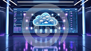 Futuristic Cloud Computing Interface Displaying Advanced Network Technology and Data Analytics