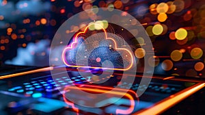 Futuristic Cloud Computing With Neon Glow, Data Transfer, Network Security, and Digital Technology