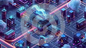 Futuristic Cloud Computing Network 3D Rendering of Servers Connected by Neon Lines