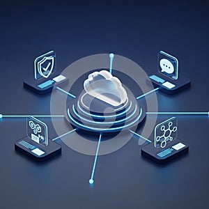Futuristic Cloud Computing Network with Data Security and Communication Icons technology