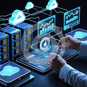 Futuristic cloud computing network with data servers and interactive digital interface
