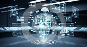 Futuristic Cloud Computing Network with Holographic Data Screens and AI Technology