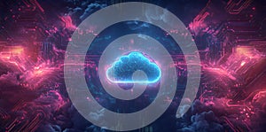 Futuristic Cloud Computing Network Neon Cloud over Digital Circuit Board in Dark Sky