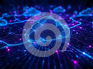 Futuristic cloud computing network visualized with glowing digital connections, data streams, and interconnected nodes in a high-