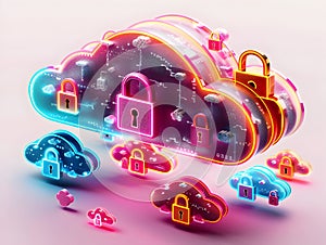 Futuristic Cloud Computing Security Concept with Sleek Digital Locks in Vibrant Colors generative ai