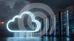 Futuristic Cloud Computing Server Data Center Neon Cloud Icon and Network Servers AI generated.