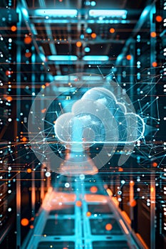 Futuristic Cloud Computing Technology Data Flowing Through a Server Room, Conceptual Image.
