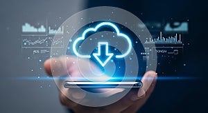 Futuristic cloud computing technology displayed on a smartphone