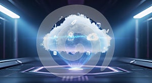 Futuristic cloud computing technology emerging from digital platform with blue lights