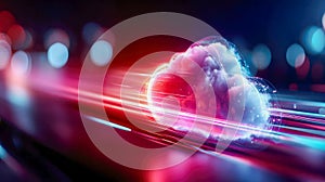 Futuristic cloud-computing visualization with dynamic neon streaks representing high-speed data transfer