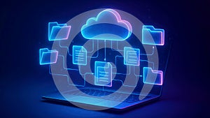 Futuristic Cloud Data Network Emanating from a Laptop with Neon Blue and Purple Light cloud computing