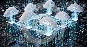 Cloud computing network with servers and data streams in a futuristic digital environment