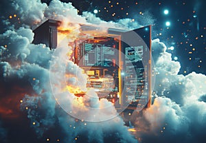 Futuristic cloud server technology concept with neon lights and data visualization