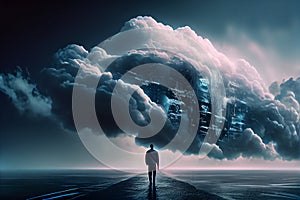 Futuristic Cloud Service Big data server in cloud and man walking towards the high tech hub of technology abstract