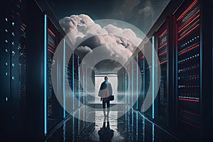Futuristic Cloud Service Big data server in cloud and man walking towards the high tech hub of technology abstract