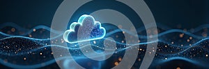 Futuristic cloud storage icon glowing amidst digital data streams, technology