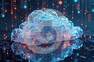 Futuristic cloud technology with digital data streaming and glowing particles
