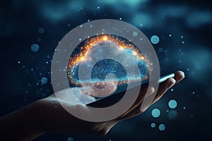 Futuristic Cloud Technology: Hand Holding Virtual Cloud on Smartphone