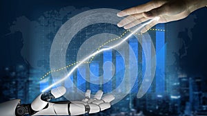 Futuristic Collaboration Between Human Hand and Robot Hand with Data Visualization Background Representing Growth and
