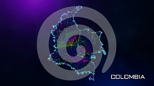 Futuristic Colombia Map Polygonal Blue Purple Connected Lines Dots Facet Wireframe Network With Text On Hazy Flare Bokeh