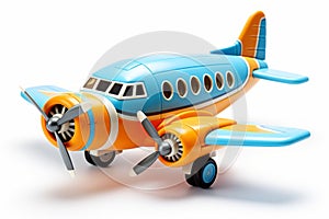 Futuristic colorful toy airplane isolated on a white background. Concept of kids friendly toys, aviation playthings