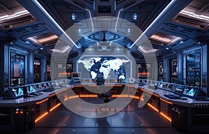 Futuristic Command Center with Advanced Technology and Global Map Display on Multiple Screens