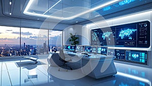 Futuristic Command Center with Cityscape View