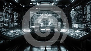 Futuristic command center displaying global data and technological interface