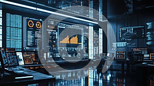 Futuristic command center displaying global financial data and cybersecurity