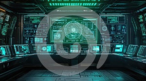 Futuristic command center displaying holographic user interface data