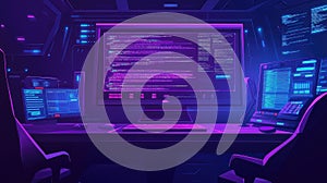 Futuristic command center displaying programming code and data