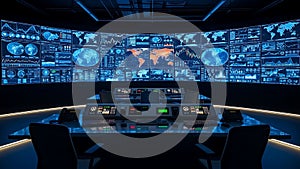 Futuristic command center features massive wall of glowing blue digital screens displaying global data and analytics
