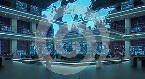 Global Data Center Command Room with World Map Display