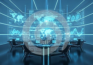 Futuristic command center with global data displays and advanced technology workstations