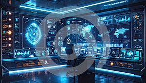 Futuristic Command Center with Global Data Displays