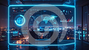 Futuristic Command Center with Global Data Visualization
